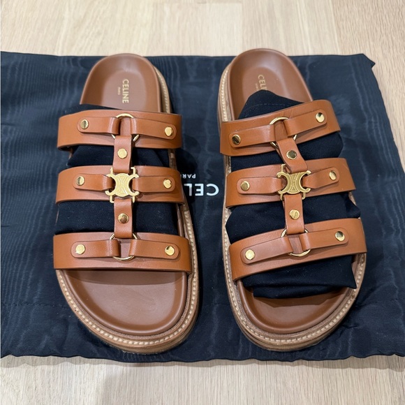 Celine Brown Leather Sandals with Gold Accents - Picture 1 of 8